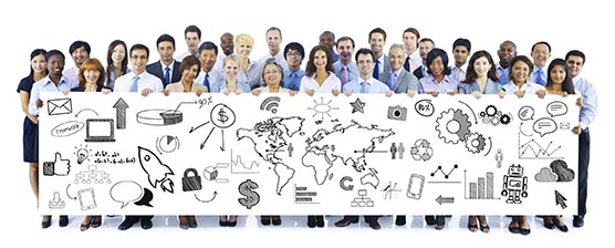 Group of people holding sign with ideas and concepts 